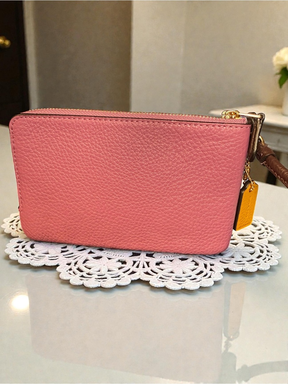 NWT Coach Pebbled Leather Double Zip Wristlet Colorblock Burnt Orange Pink $98 - Picture 7 of 15